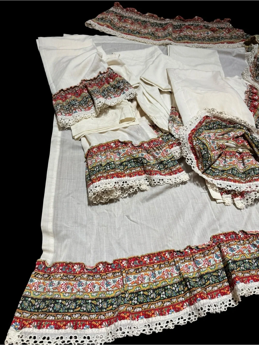 Lot of cottage granny core ruffled floral curtain panels and valances